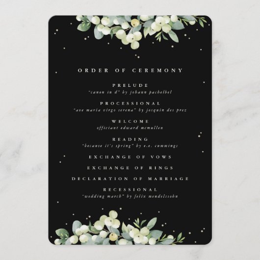 Elegante Black Snowberry+Eucalyptus Winter Wedding Programm (Vorderseite)