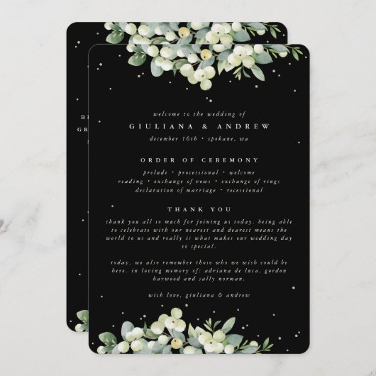 Elegante Black Snowberry+Eucalyptus Winter Wedding Programm (Vorne/Hinten)