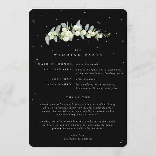Elegante Black Snowberry+Eucalyptus Winter Wedding Programm (Rückseite)