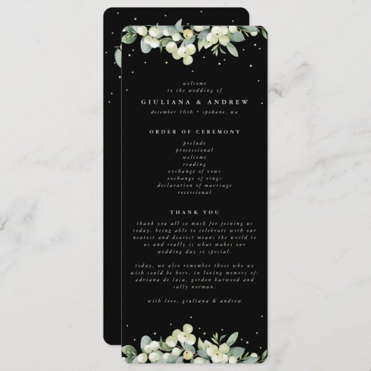Elegante Black Snowberry+Eucalyptus Winter Wedding Programm (Vorne/Hinten)