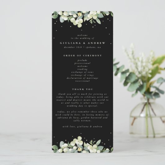 Elegante Black Snowberry+Eucalyptus Winter Wedding Programm (Stehend Vorderseite)