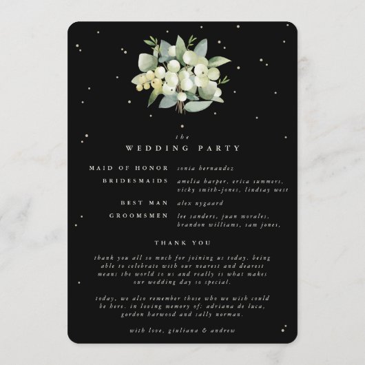 Elegante Black Snowberry+Eucalyptus Winter Wedding Programm (Rückseite)