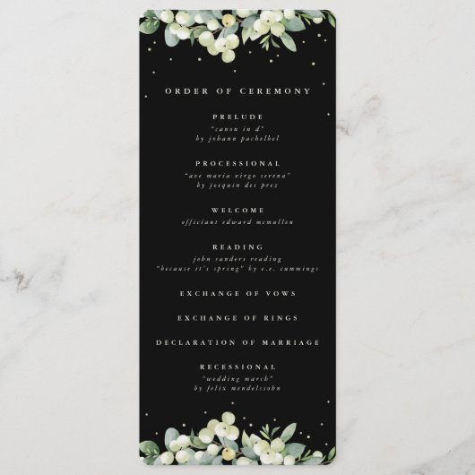 Elegante Black Snowberry+Eucalyptus Winter Wedding Programm (Vorderseite)