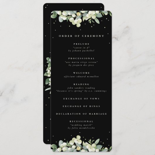 Elegante Black Snowberry+Eucalyptus Winter Wedding Programm (Vorne/Hinten)