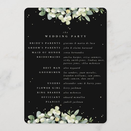 Elegante Black Snowberry+Eucalyptus Winter Wedding Programm (Rückseite)