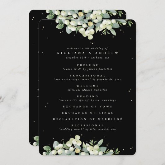 Elegante Black Snowberry+Eucalyptus Winter Wedding Programm (Vorne/Hinten)