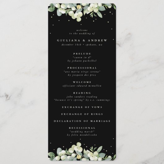 Elegante Black Snowberry+Eucalyptus Winter Wedding Programm (Vorderseite)