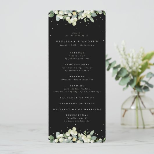 Elegante Black Snowberry+Eucalyptus Winter Wedding Programm (Stehend Vorderseite)