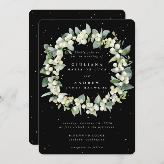 Elegante Black Snowberry+Eucalyptus Wreath Wedding Einladung (Vorne/Hinten)