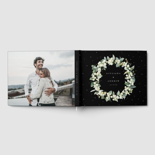 Elegante Black Snowberry+Eucalyptus Wreath Wedding Gästebuch (Voll)