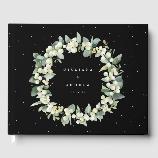 Elegante Black Snowberry+Eucalyptus Wreath Wedding Gästebuch (Vorderseite)