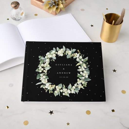 Elegante Black Snowberry+Eucalyptus Wreath Wedding Gästebuch (Vorderseite Offen)