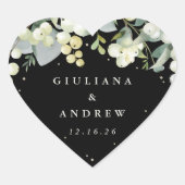 Elegante Black Snowberry+Eucalyptus Wreath Wedding Herz-Aufkleber (Vorderseite)