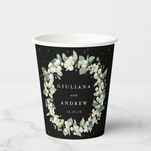 Elegante Black Snowberry+Eucalyptus Wreath Wedding Pappbecher (Vorderseite)