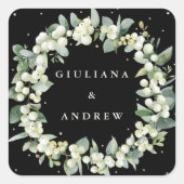 Elegante Black Snowberry+Eucalyptus Wreath Wedding Quadratischer Aufkleber (Vorderseite)