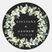 Elegante Black Snowberry+Eucalyptus Wreath Wedding Runder Aufkleber (Vorderseite)