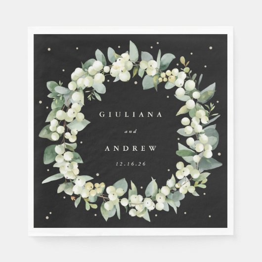 Elegante Black Snowberry+Eucalyptus Wreath Wedding Serviette (Vorderseite)
