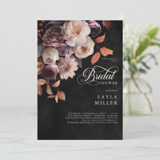 Elegante Black Soft Fall Floral Script Dusche Einladung (Stehend Vorderseite)