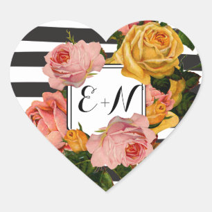 Elegante Black Stripe Heirloom Rose Hochzeit Herz-Aufkleber