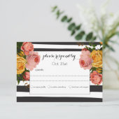 Elegante Black Stripe Heirloom Rose Hochzeit RSVP Karte (Stehend Vorderseite)
