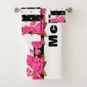Elegante Black Stripes Gold Glitzer Dots Rosa Rose Badhandtuch Set (Insitu)