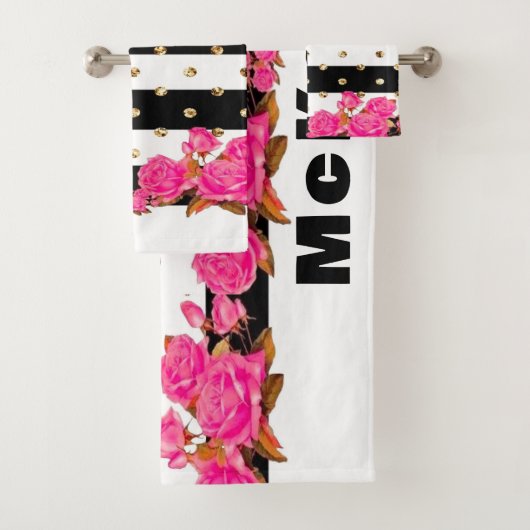 Elegante Black Stripes Gold Glitzer Dots Rosa Rose Badhandtuch Set (Insitu)