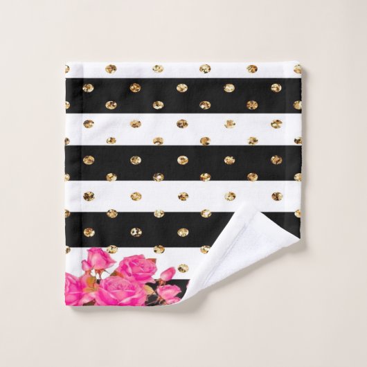 Elegante Black Stripes Gold Glitzer Dots Rosa Rose Badhandtuch Set (Waschlappen)