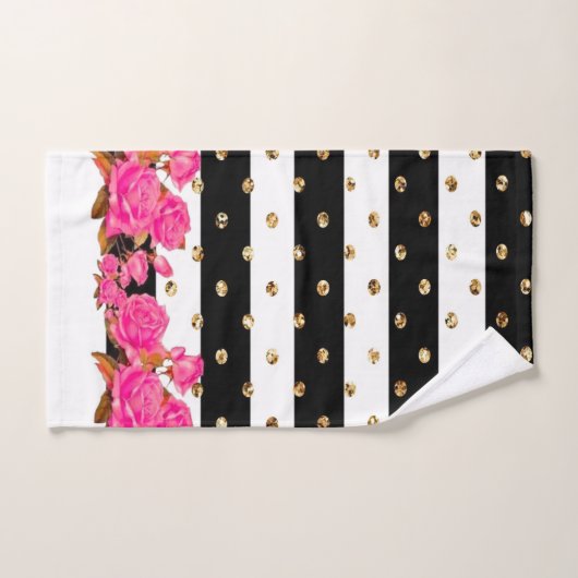 Elegante Black Stripes Gold Glitzer Dots Rosa Rose Badhandtuch Set (Handtuch)