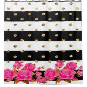 Elegante Black Stripes Gold Glitzer Dots Rosa Rose Duschvorhang (Vorderseite)