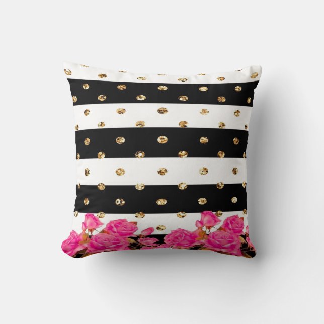 Elegante Black Stripes Gold Glitzer Dots Rosa Rose Kissen (Vorderseite)