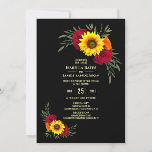 Elegante Black Sunflower Burgundy Rose Wedding Einladung