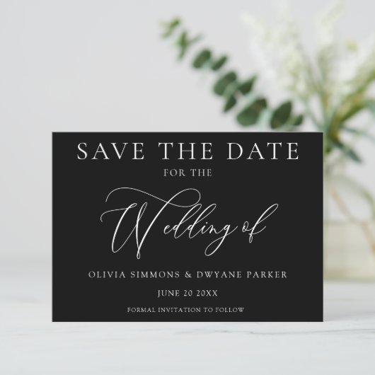 Elegante Black Timeless Modern Wedding Save The Date (Stehend Vorderseite)