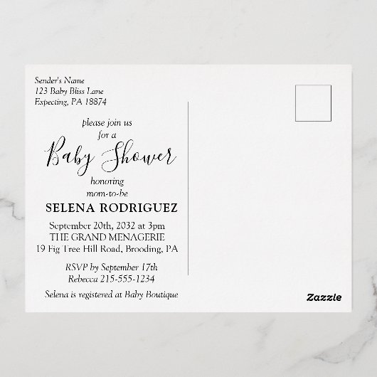 Elegante Black Tropical Gender Neutral Baby Dusche Folie Einladungspostkarte (Rückseite)