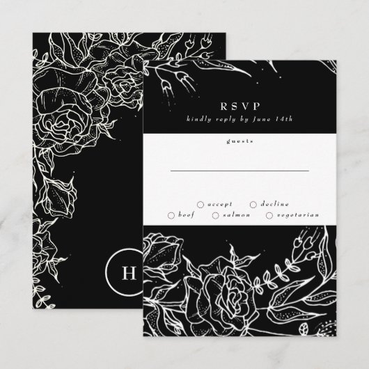 Elegante Black Tuxedo Bright White Wreath Wedding RSVP Karte (Vorne/Hinten)