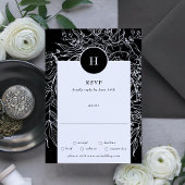 Elegante Black Tuxedo Monogram Wreath Wedding RSVP Karte