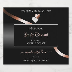 Elegante Black Wavy Rose Gold Hearts Produktmarken Alkoholflaschenetikett