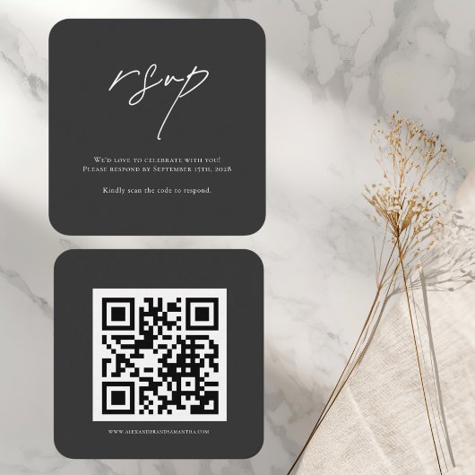 Elegante Black Wedding RSVP Karte mit QR Code