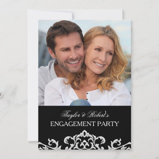 Elegante Black & White Damask Engagement Party Einladung (Vorderseite)