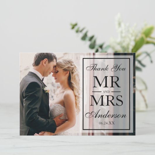 Elegante Black & White Wedding Danke Foto Blk (Stehend Vorderseite)