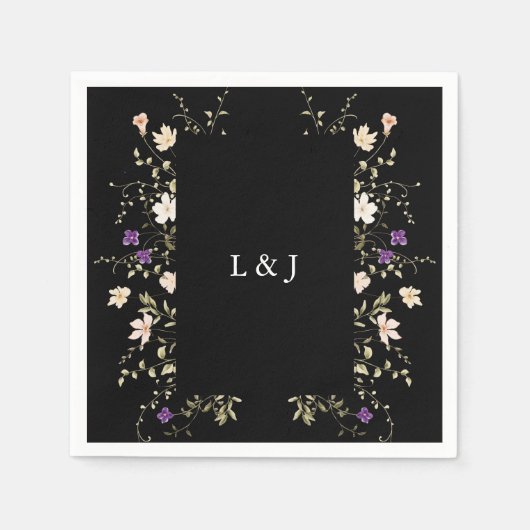 Elegante Black Wildblumen Floral Wedding Napkin Serviette (Vorderseite)