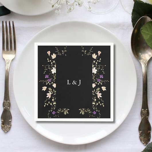 Elegante Black Wildblumen Floral Wedding Napkin Serviette