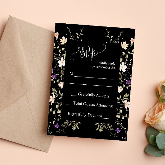 Elegante Black Wildblumen Wedding RSVP Card Einladung