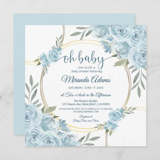 Elegante Bläserblau Wasserfarben Babydusche Einladung (Vorne/Hinten)