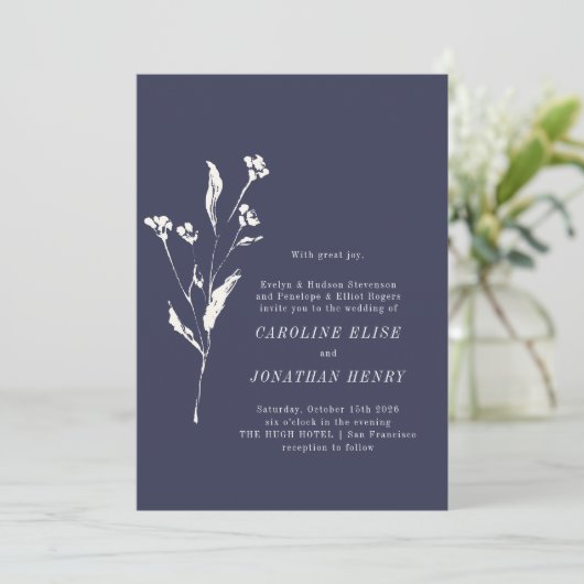 Elegante Bläsernavy Hochzeit Einladung (Stehend Vorderseite)