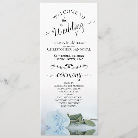 Elegante Blasse Blauer Rose Romantische Hochzeit Programm (Vorderseite)
