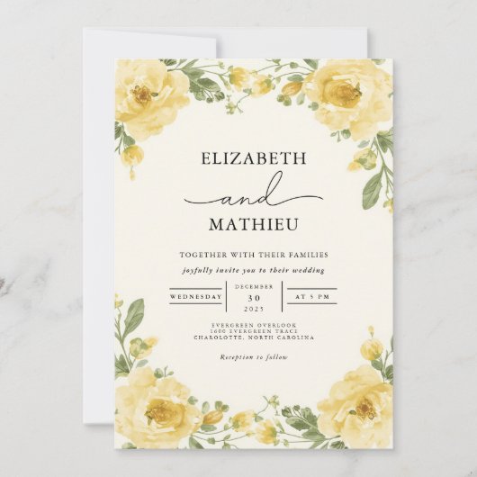 Elegante blassgelbe Botanische Blumenhochzeit Einladung (Vorderseite)