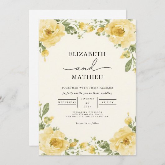 Elegante blassgelbe Botanische Blumenhochzeit Einladung (Vorne/Hinten)