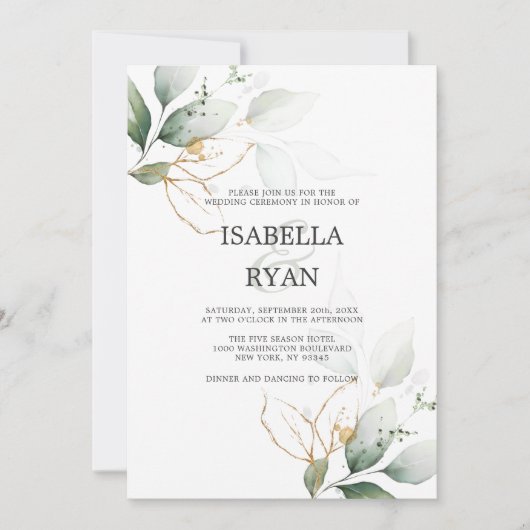 ELEGANTE Blätter Foliage Gold Watercolor WEDD Einladung (Vorderseite)