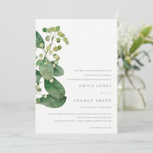 ELEGANTE BLÄTTER FOLIAGE GREENERY WEDING INVITE DANKESKARTE (Stehend Vorderseite)