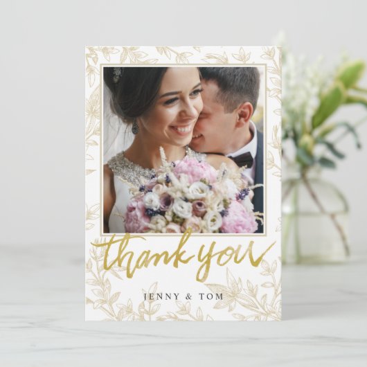 Elegante Blätter Foto Custom Wedding Dankeschön Ka Dankeskarte (Stehend Vorderseite)